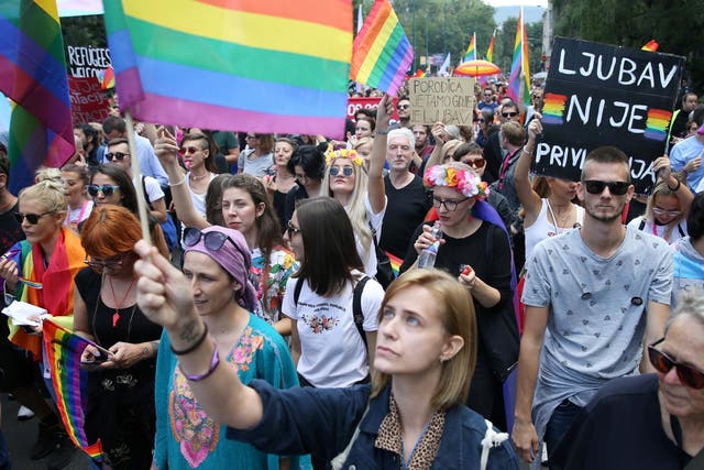 Participants are seen during the first gay pride parade in Sarajevo, Bosnia and Herzegovina