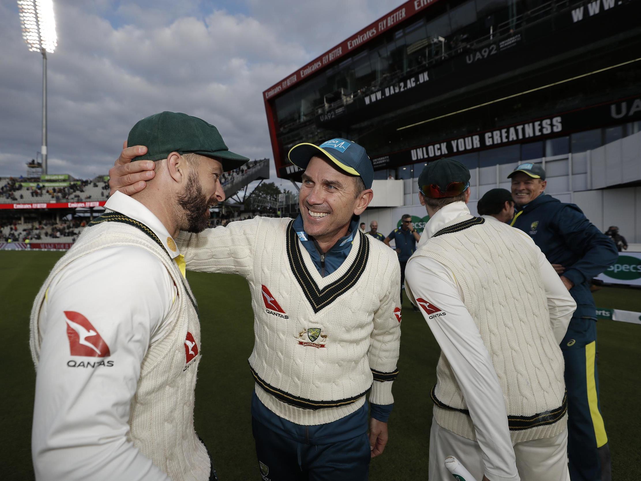 Justin Langer celebrates at Old Trafford