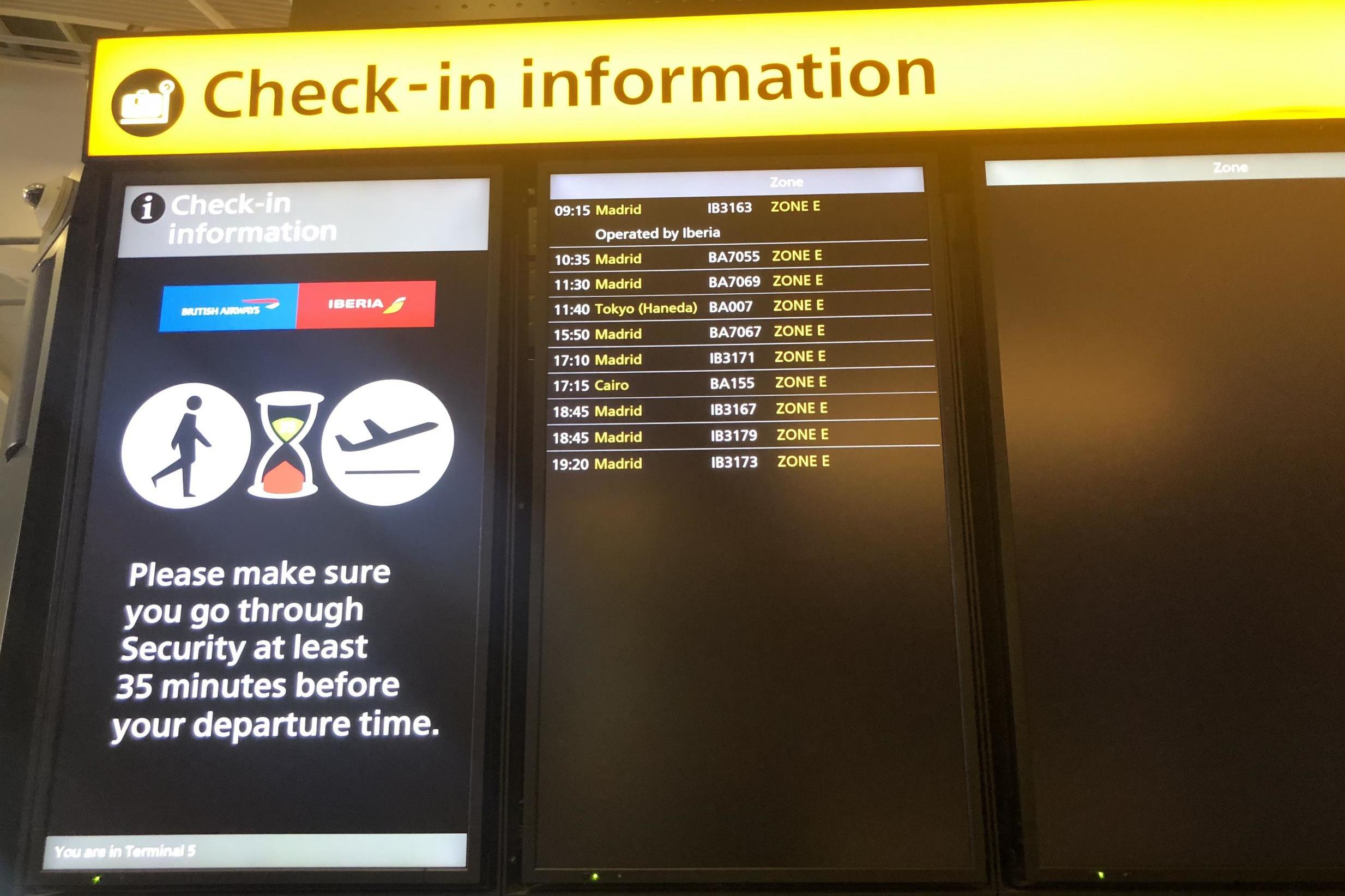 Blank look: besides code-share flights operated by Iberia to Madrid, the only departures from Heathrow Terminal 5 are to Cairo and Tokyo