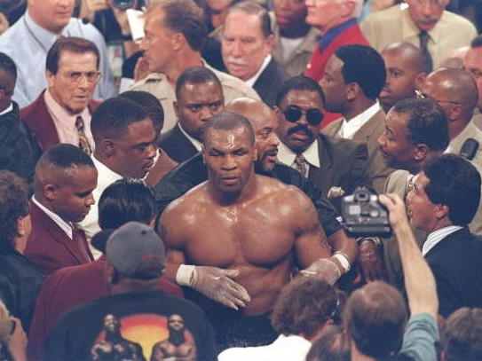 Mike Tyson returns to his dressing room in the MGM Grand after being defeated by Evander Holyfield