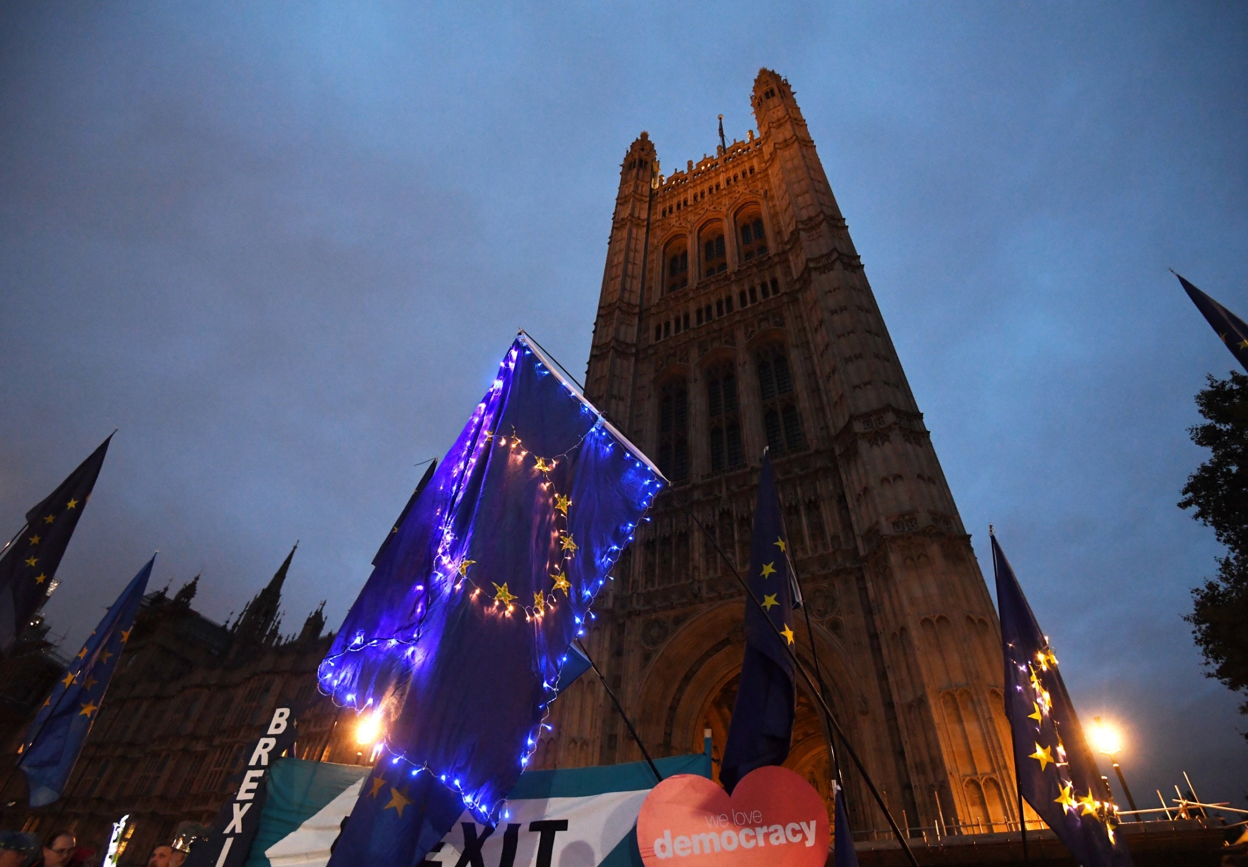 Anti-Brexit campaigners outside the Houses of Parliament