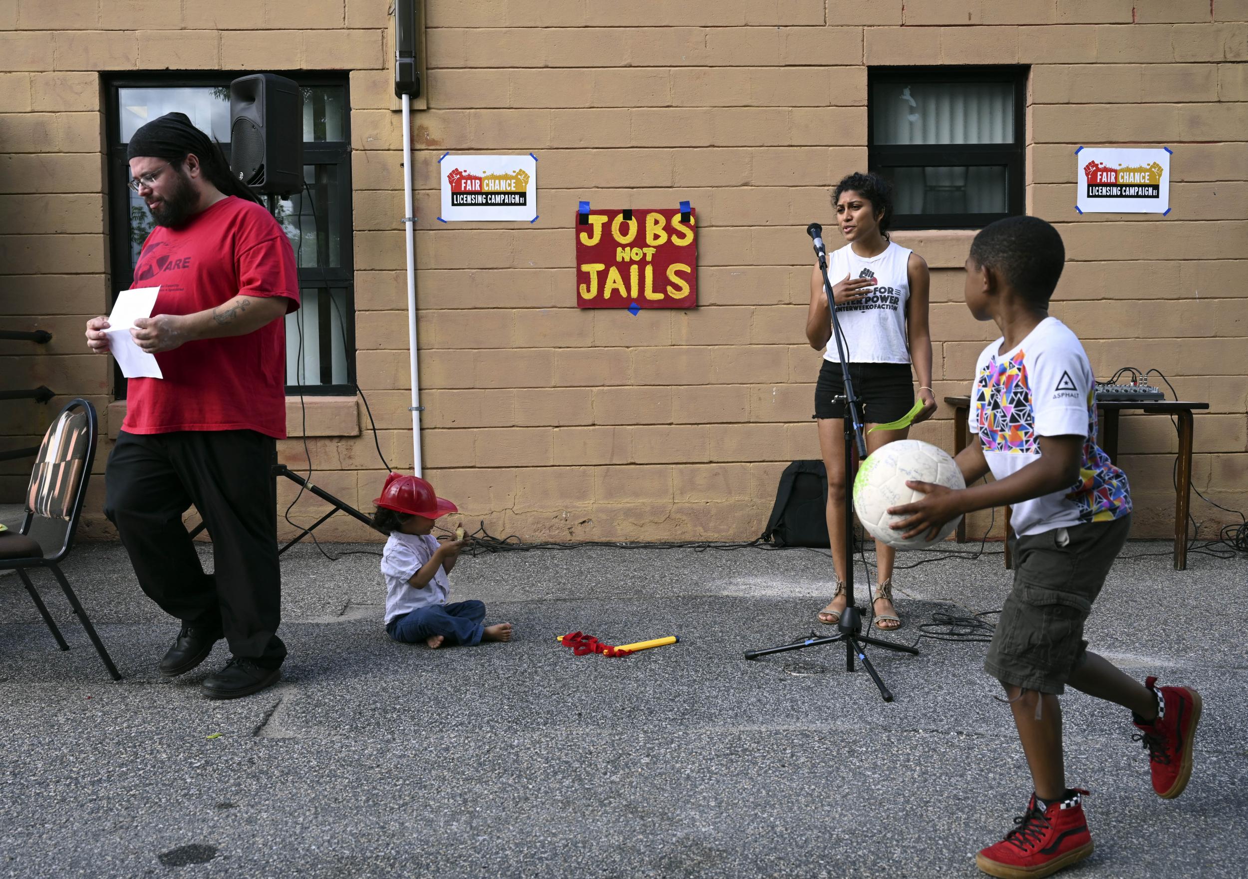 At a Juneteenth celebration in Providence, Anusha Alles, an organiser at Direct Action for Rights and Equality, talks about a bill for ‘fair chance licensing’ that later failed in the legislature