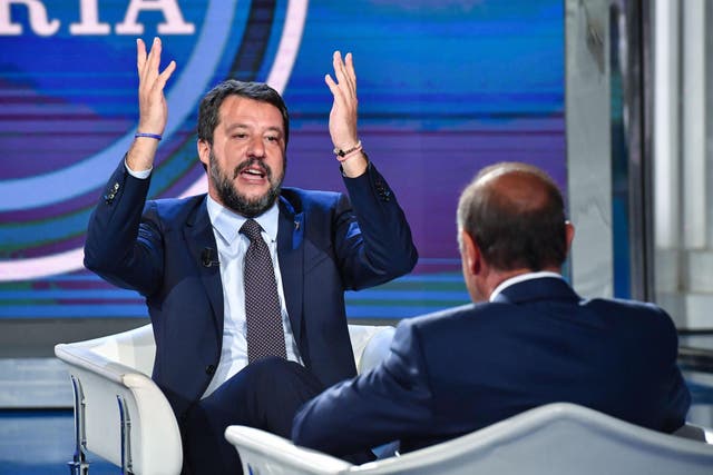 Italian Lega party's Secretary Matteo Salvini attends the Raiuno Italian program 'Porta a porta' conducted by Italian journalist Bruno Vespa in Rome, Italy, 10 September 2019.