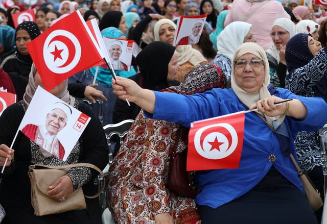 Supporters of Abdelfattah Mourou, vice president of the Islamist party Ennahda and presidential candidate, during his presidential electoral campaign in Ben Arous, Tunisia