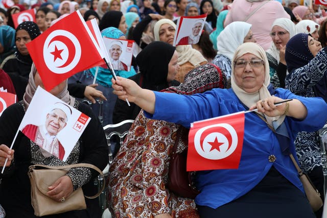 Supporters of Abdelfattah Mourou, vice president of the Islamist party Ennahda and presidential candidate, during his presidential electoral campaign in Ben Arous, Tunisia