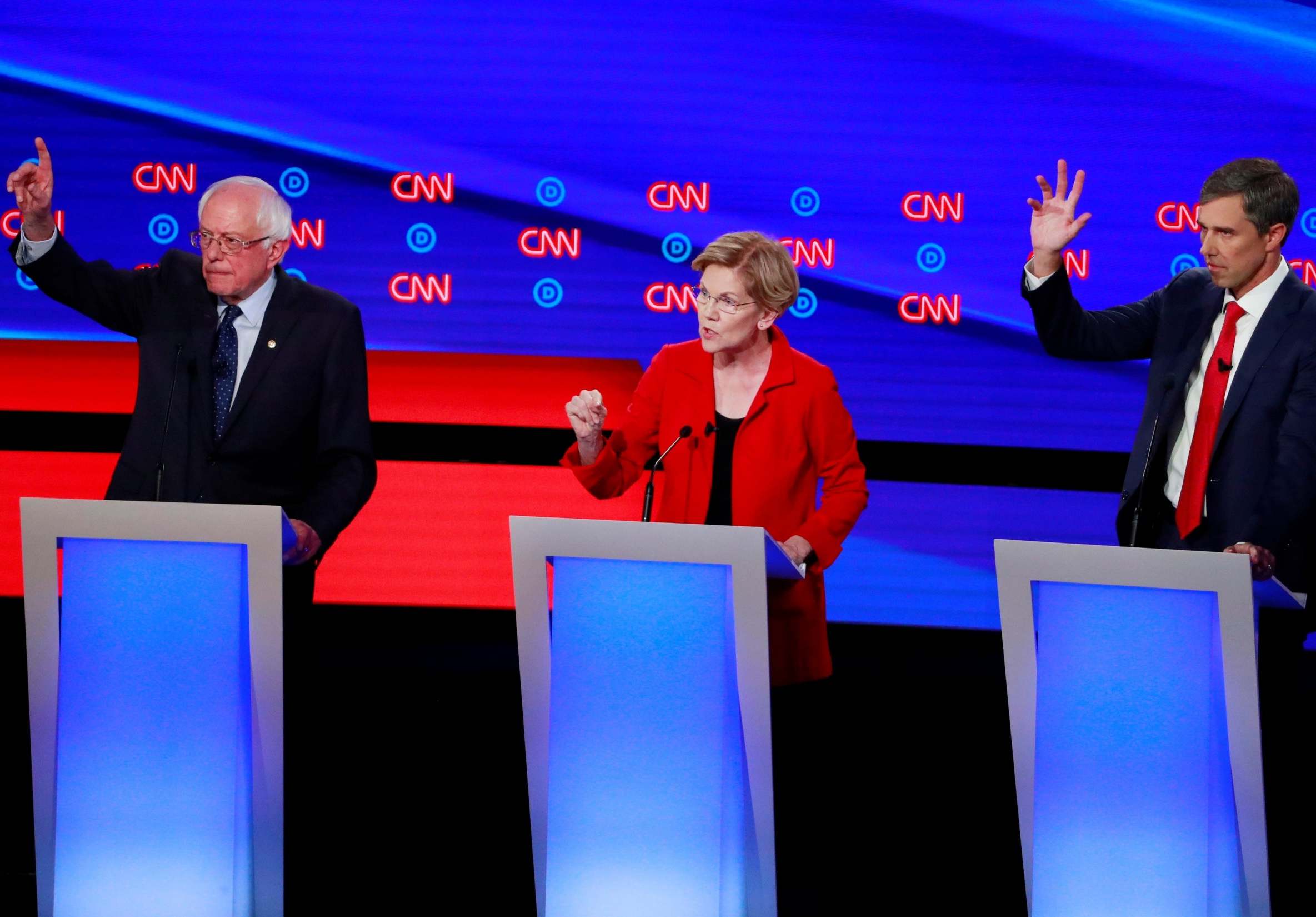 Bernie Sanders (left), Elizabeth Warren and Beto O’Rourke debate on the first night of the second 2020 Democratic US presidential debate in Detroit in July