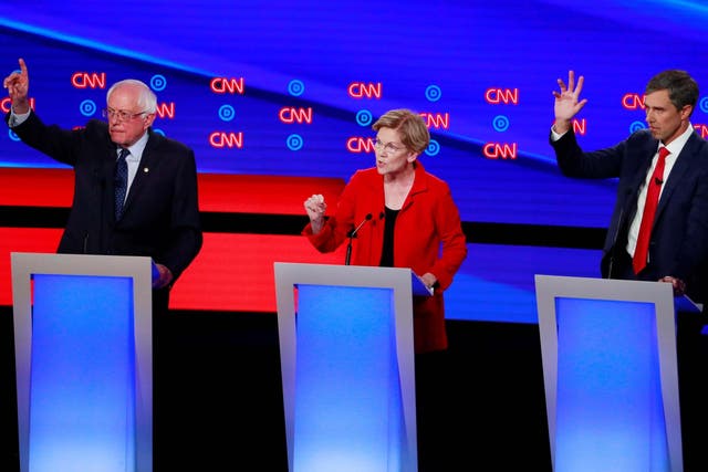 Bernie Sanders (left), Elizabeth Warren and Beto O’Rourke debate on the first night of the second 2020 Democratic US presidential debate in Detroit in July