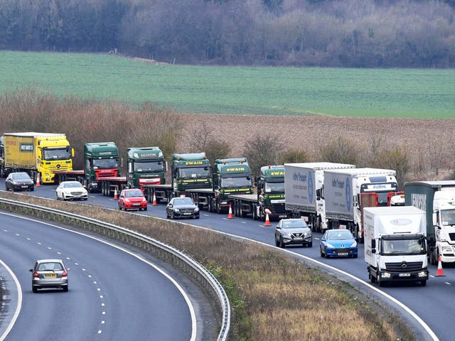 A line of lorries during a trial between disused Manston Airport and the Port of Dover of how the road will cope in case of a "no-deal" Brexit.