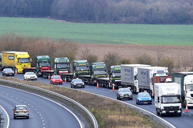 A line of lorries during a trial between disused Manston Airport and the Port of Dover of how the road will cope in case of a "no-deal" Brexit.
