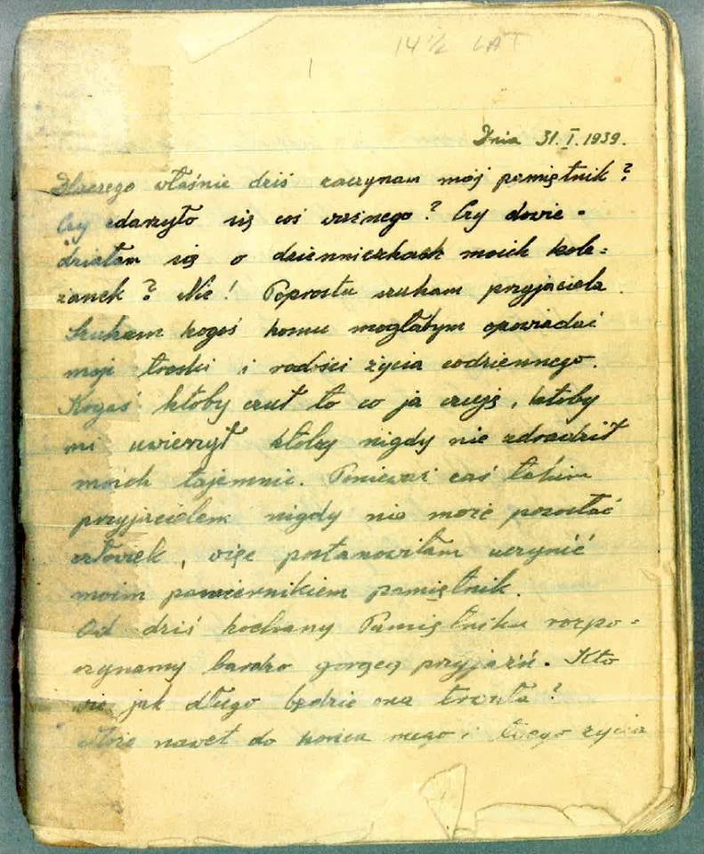 The first page of Renia’s diary, which ran from 31 January 1939 to 28 July 1942
