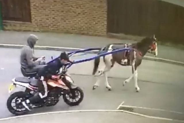 Police are investigating after CCTV footage showed two people allegedly towing a stolen motorbike away by horse in Dartford, Kent, 10 September 2019.