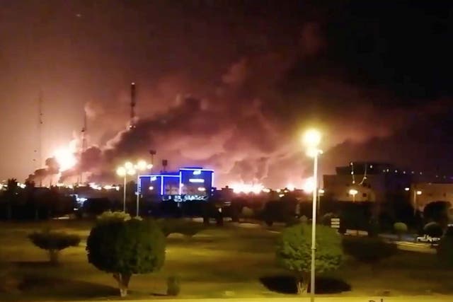 Smoke billows from fires at the Aramco factory in Abqaiq, Sauid Arabia