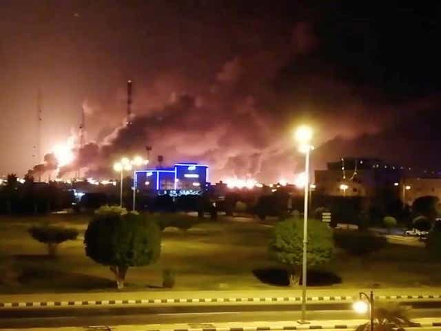 Smoke billows from fires at the Aramco factory in Abqaiq, Sauid Arabia