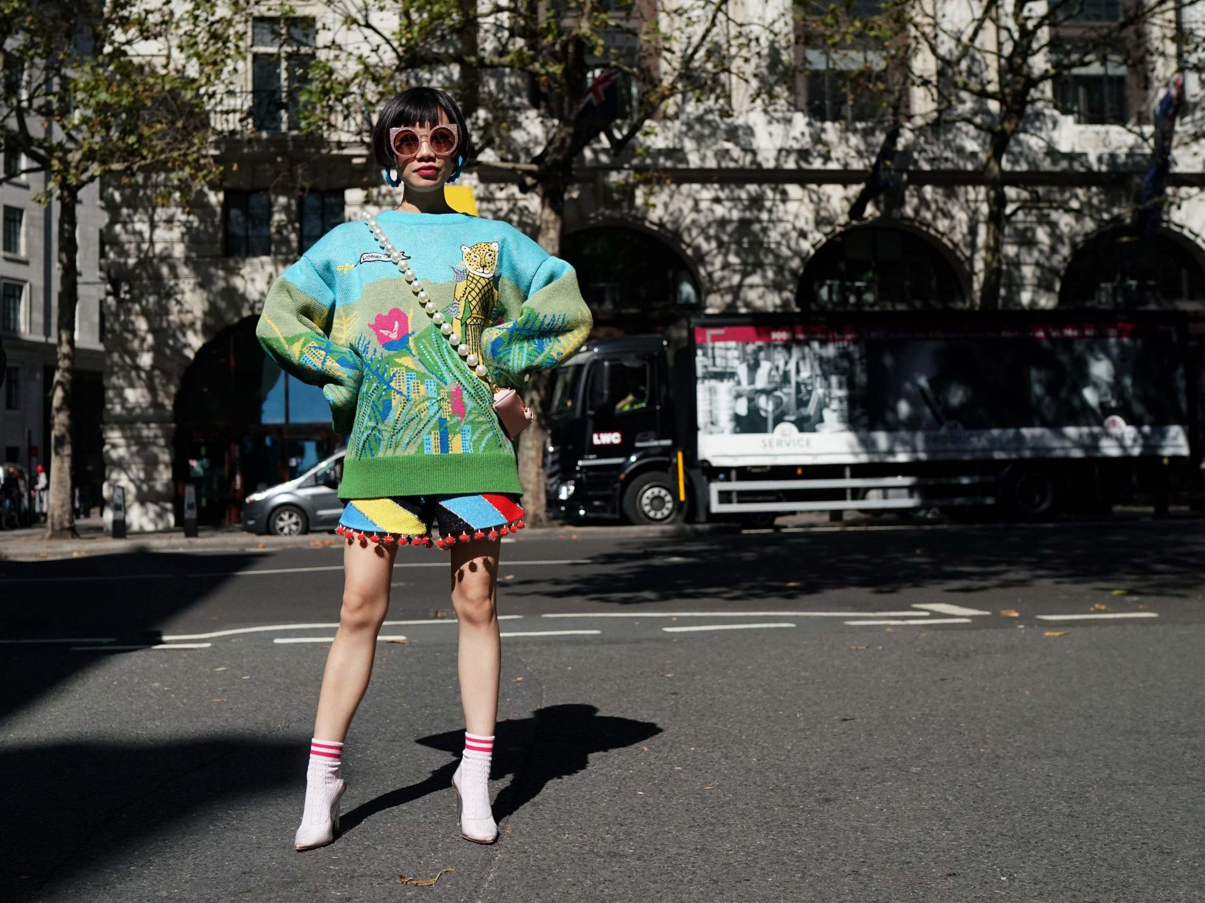 Harper Silin in a Christian Lacroix-designed jumper at London Fashion Week on Friday