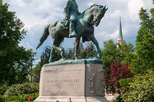 Confederate Civil War General Robert E Lee' statue at Lee Park in Charlottesville, Virginia.