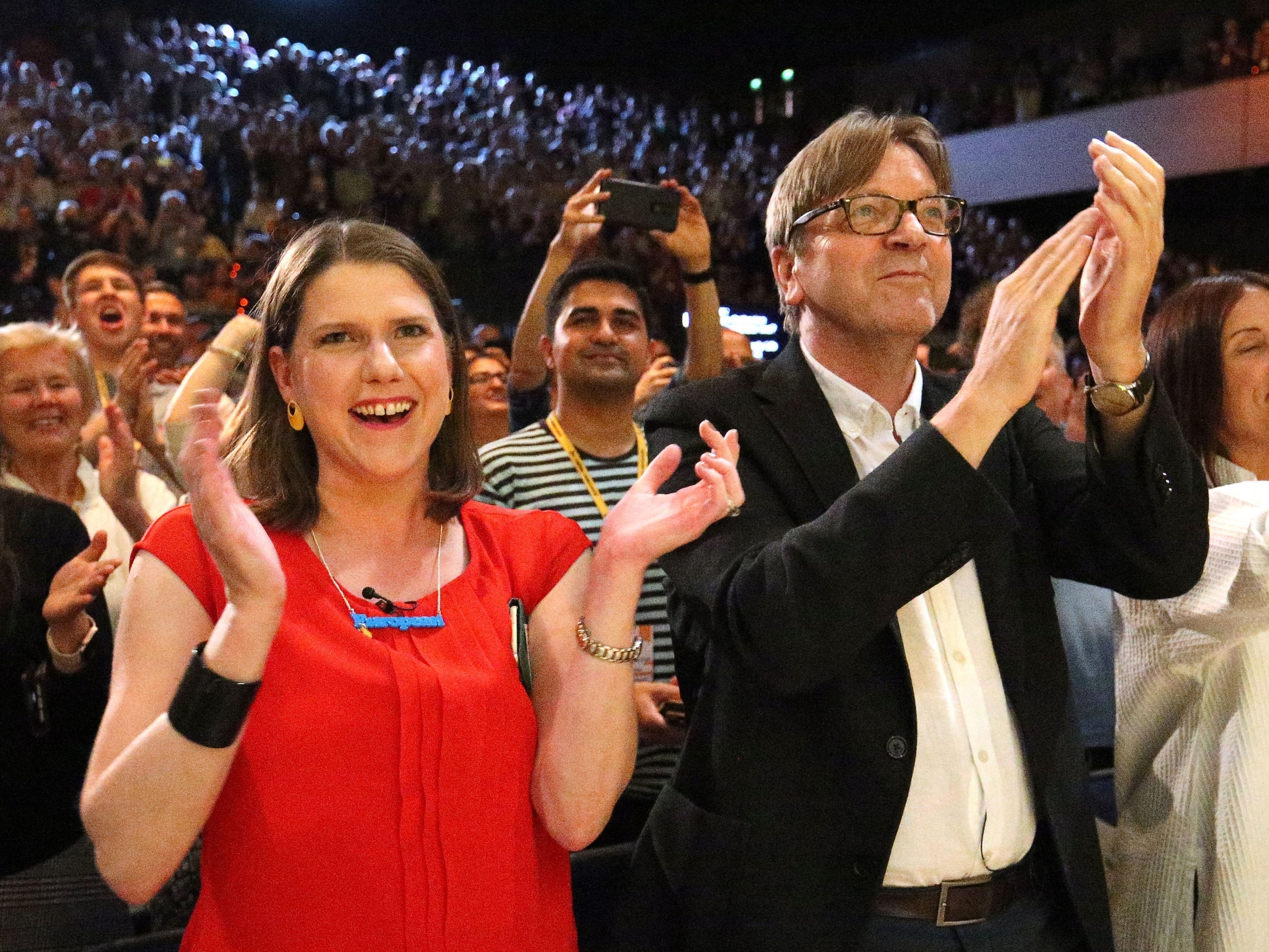 Jo Swinson with the European parliament’s Brexit coordinator Guy Verhofstadt at the Lib Dem conference on Saturday