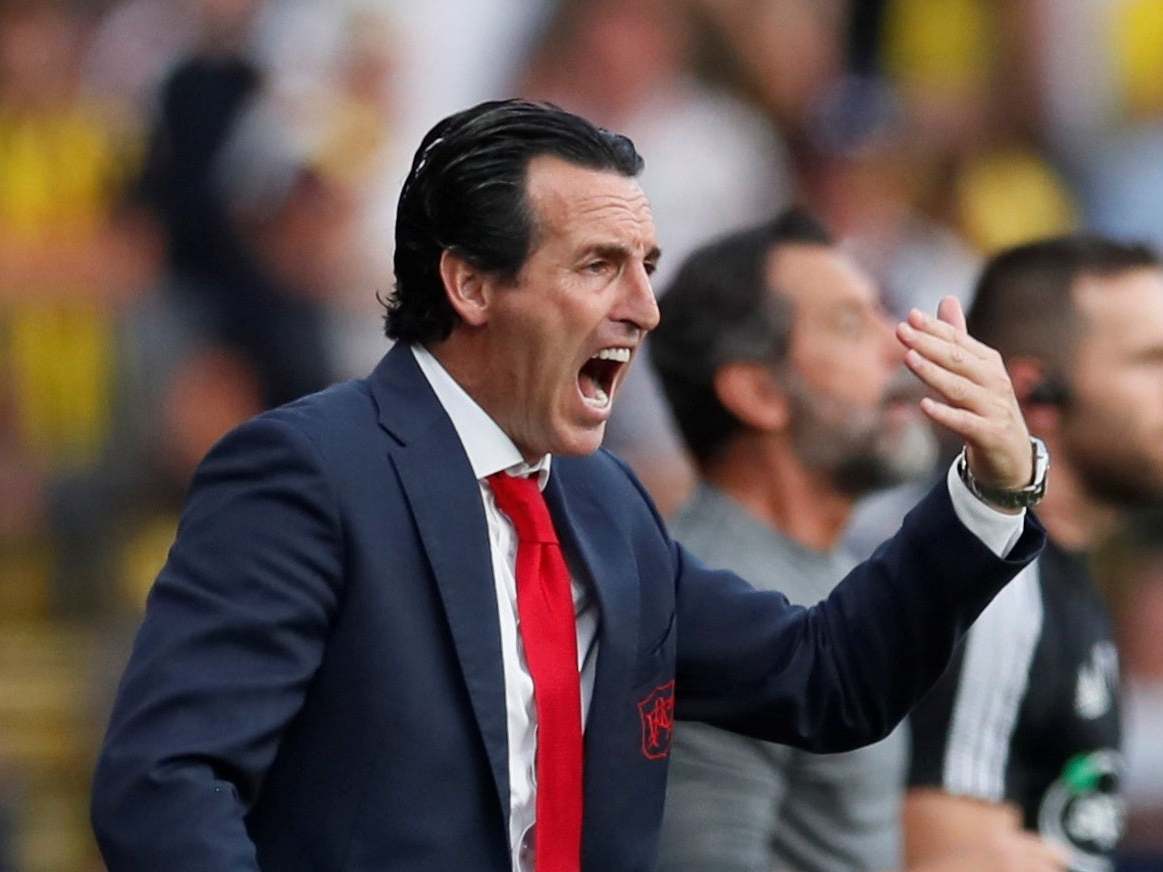 Unai Emery delivers a message to his Arsenal team at Watford