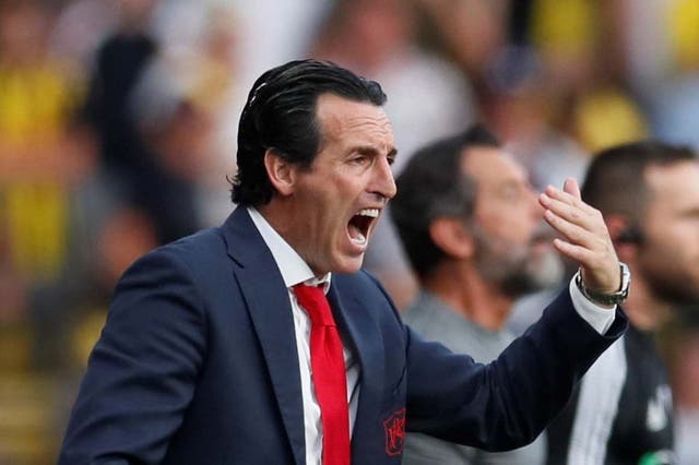 Unai Emery delivers a message to his Arsenal team at Watford