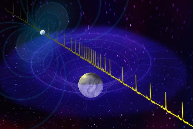 Pictured is an artist's impression of the pulse from a massive neutron star (left) being delayed by the passage of a white dwarf star (centre) between the neutron star and Earth