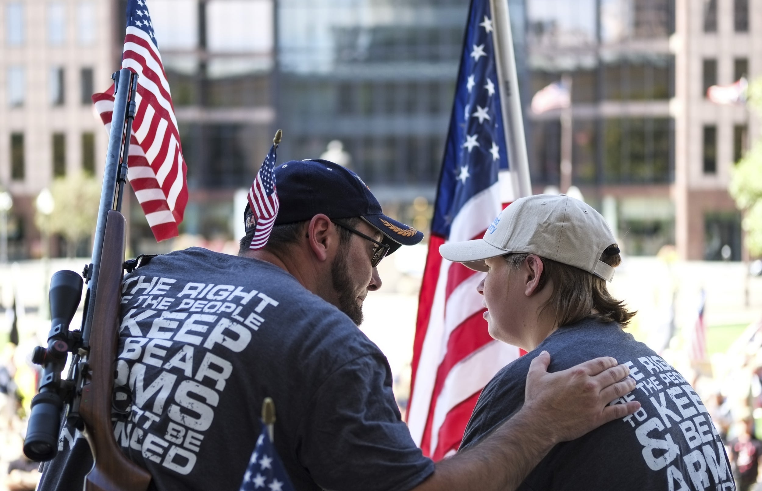 Pro-gun rights protesters take part in a demonstration in favour of the second amendment outside the Ohio State House in Columbus