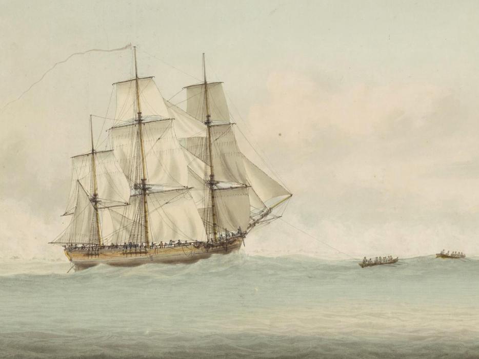 HMS Endeavour off the coast of New Holland, a 1794 painting by Samuel Atkins