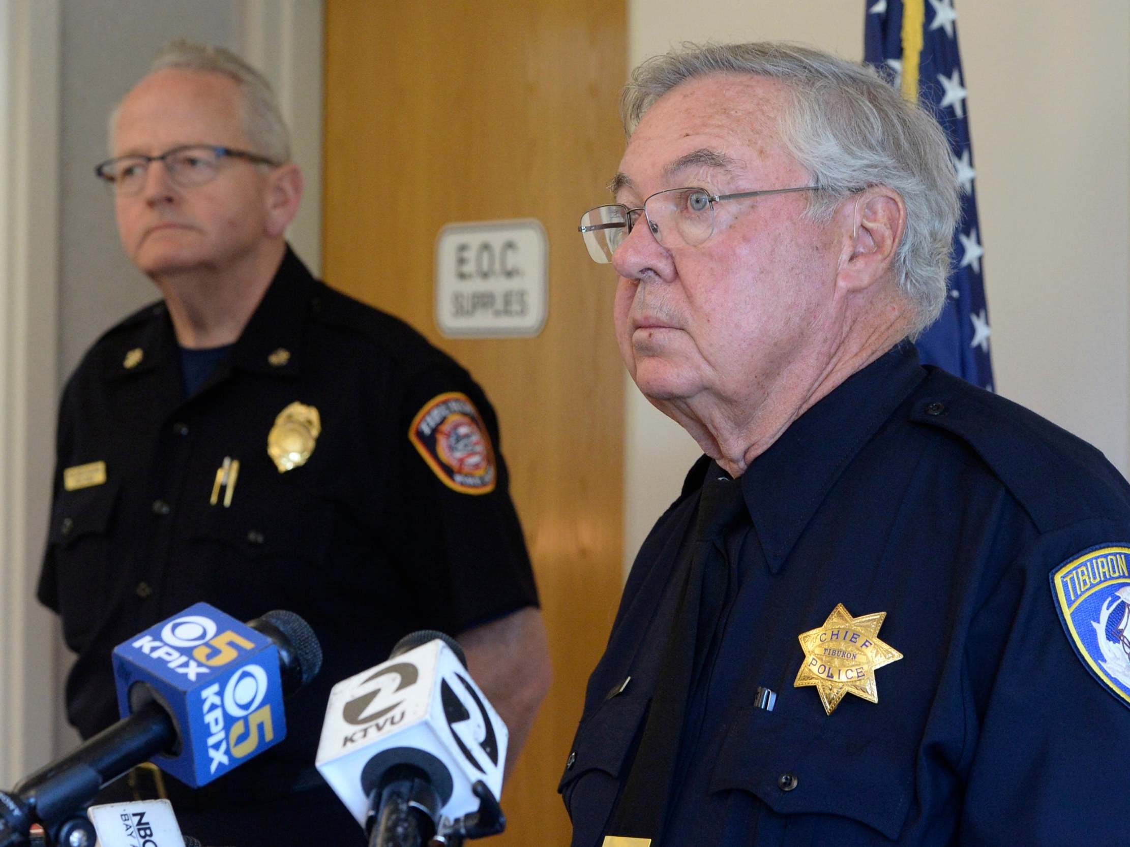 Tiburon, California, police chief Mike Cronin answers reporters' questions 16 September 2019 after man charged with manslaughter over death of 11-year-old son during boating incident in San Francisco Bay.