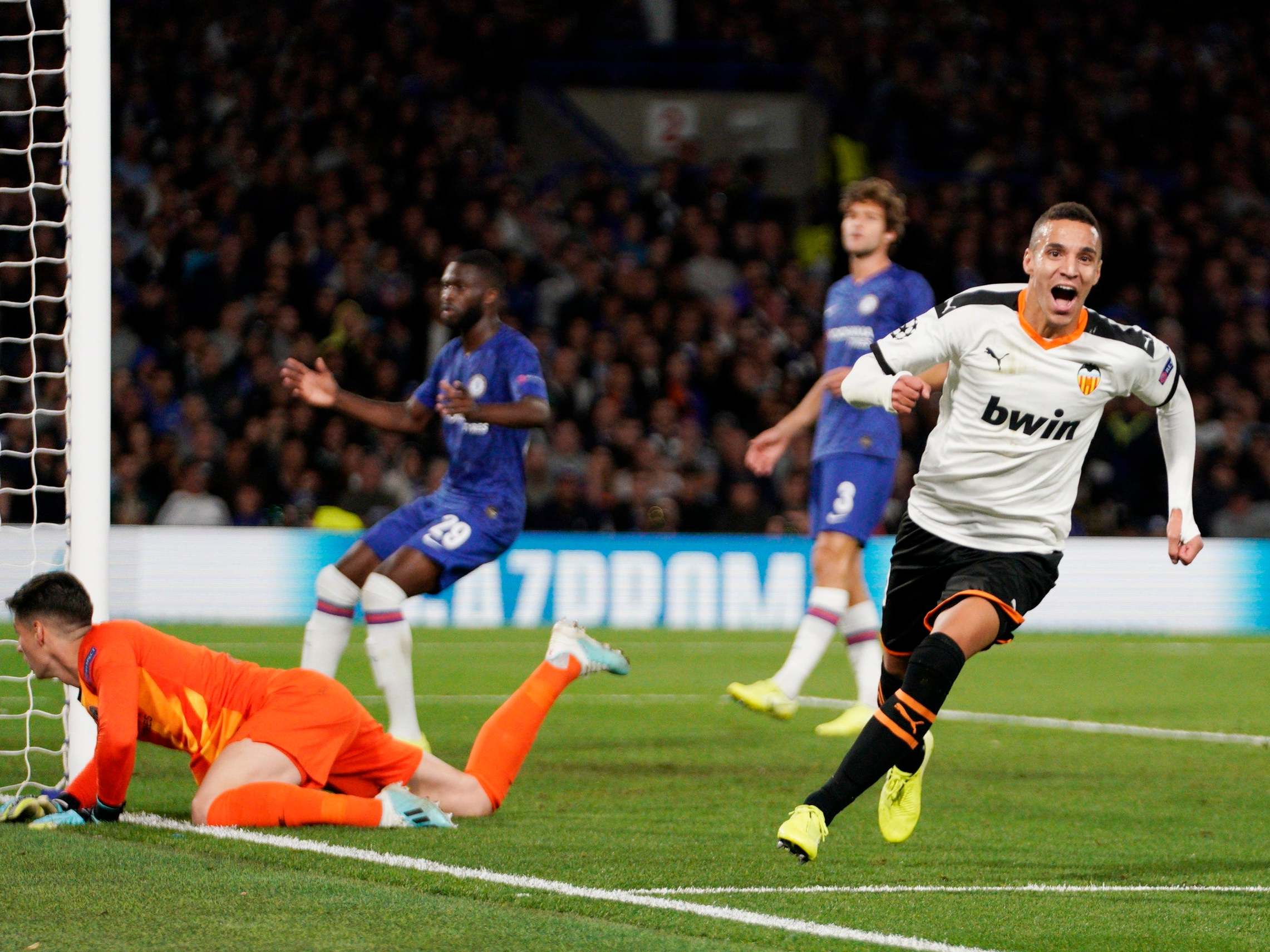 Rodrigo scores Valencia's winning goal at Stamford Bridge