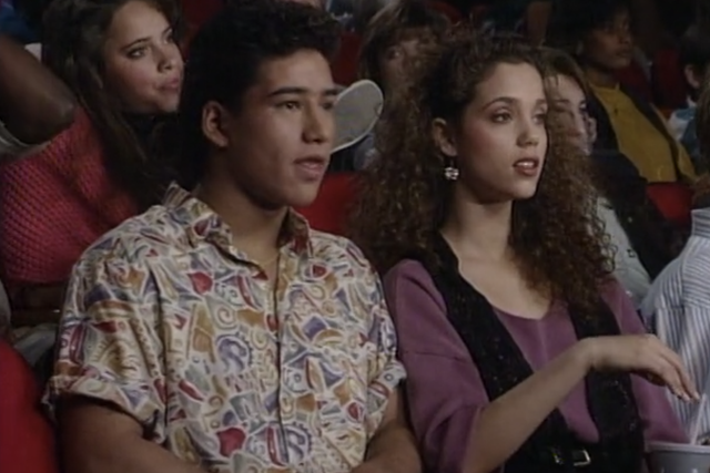 Mario Lopez as AC Slater and Elizabeth Berkley as Jessie Spano in Saved by the Bell.