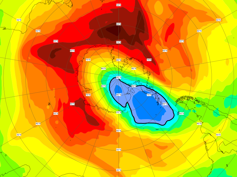 The polar vortex, in blue, is seen leaning away from the pole and stretching towards South America