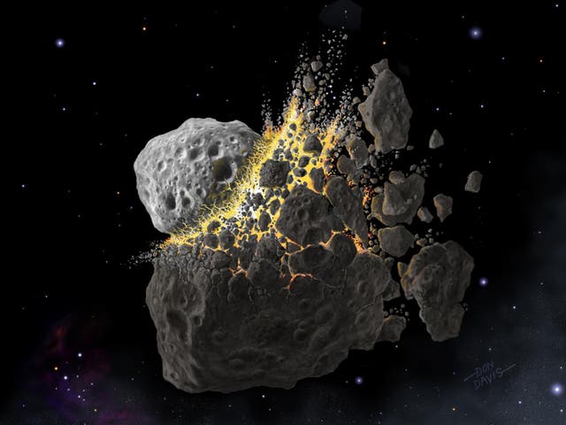 Space dust from asteroids and comets is normal but the explosion of this asteroid (artist’s impression) caused it to multiply by a factor of as much as 10,000 (Don Davis, Southwest Research Institute)