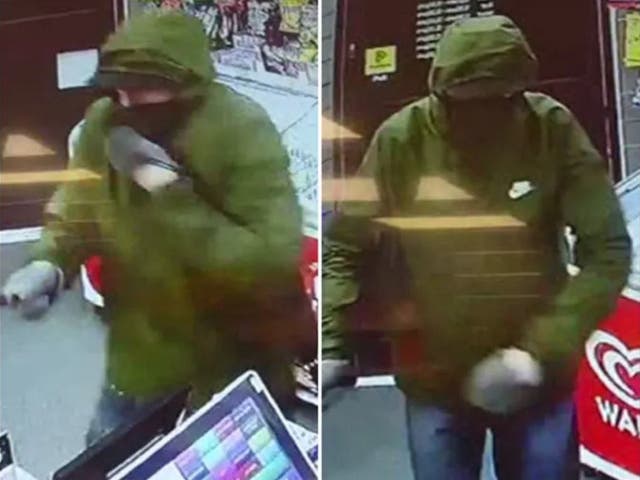 An armed robber was scared off by a little girl and her father throwing a loaf of bread at him at a shop in Worthing, West Sussex, 16 September 2019.