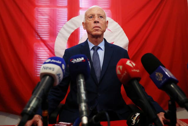 Presidential candidate Kais Saied speaks as he attends a news conference after the announcement of the results in the first round of Tunisia's presidential election in Tunis, Tunisia September 17, 2019.