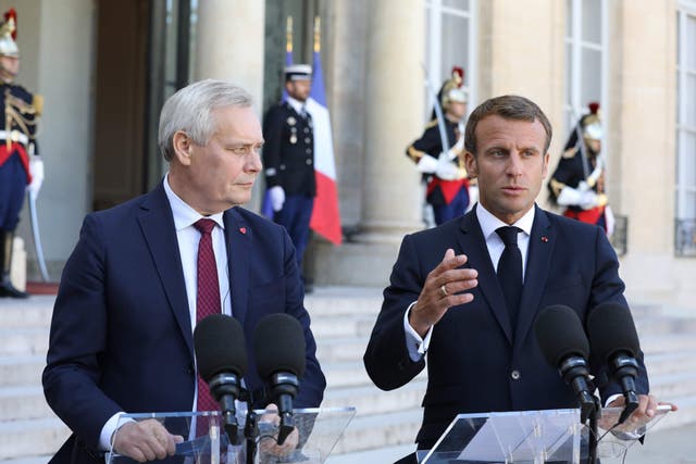 French President Emmanuel Macron and Finnish Prime Minister Antti Rinne give a joint press conference following their meeting at the Elysee presidential palace