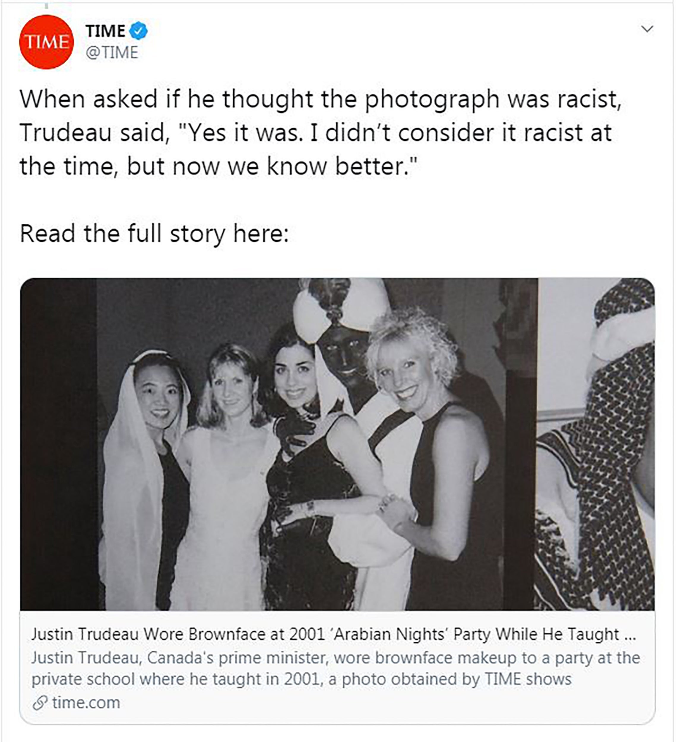 Canada’s Prime Minister Justin Trudeau wearing brown face at a party in 2001, courtesy of ‘TIME’ magazine (AFP/ TIME magazine/TIME Twitter feed)