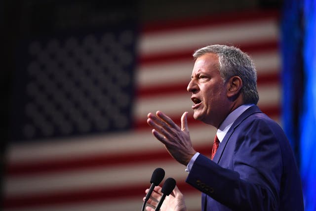 New York mayor Bill de Blasio speaking at the New Hampshire Democratic state convention in Manchester, New Hampshire