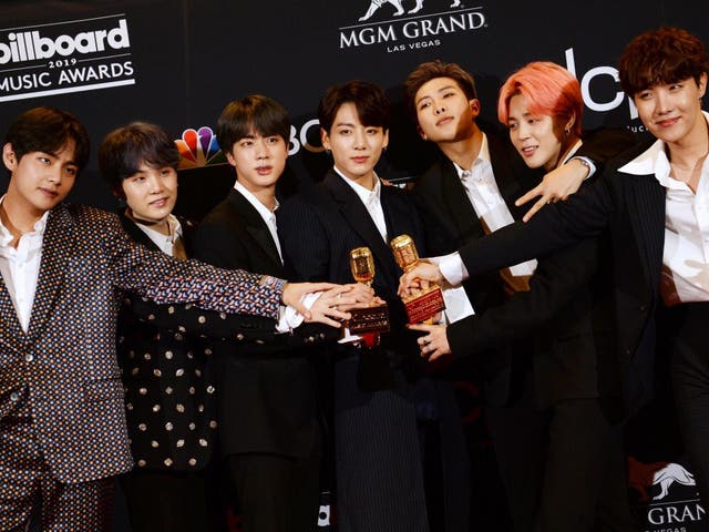 BTS pose in the press room with their awards during the 2019 Billboard Music Awards at the MGM Grand Garden Arena on 1 May, 2019, in Las Vegas, Nevada.