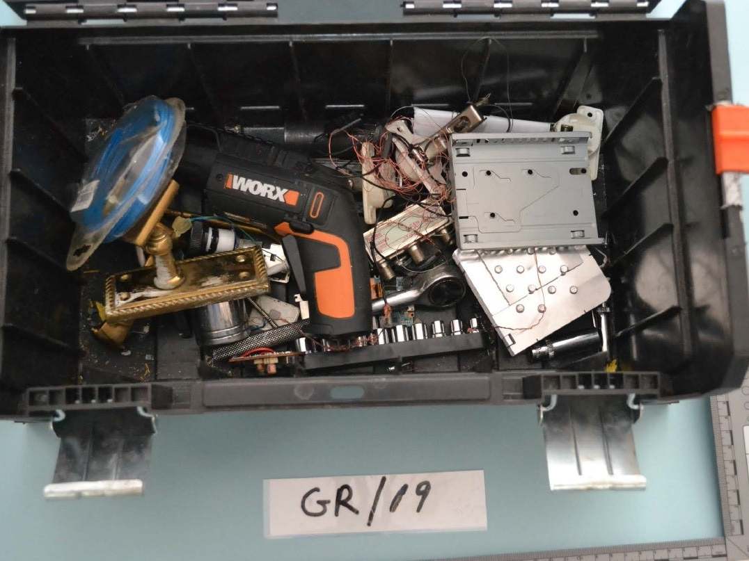 A toolbox containing bomb components found in the home of Kieran Cleary, who was jailed for explosives and terror offences aged 16