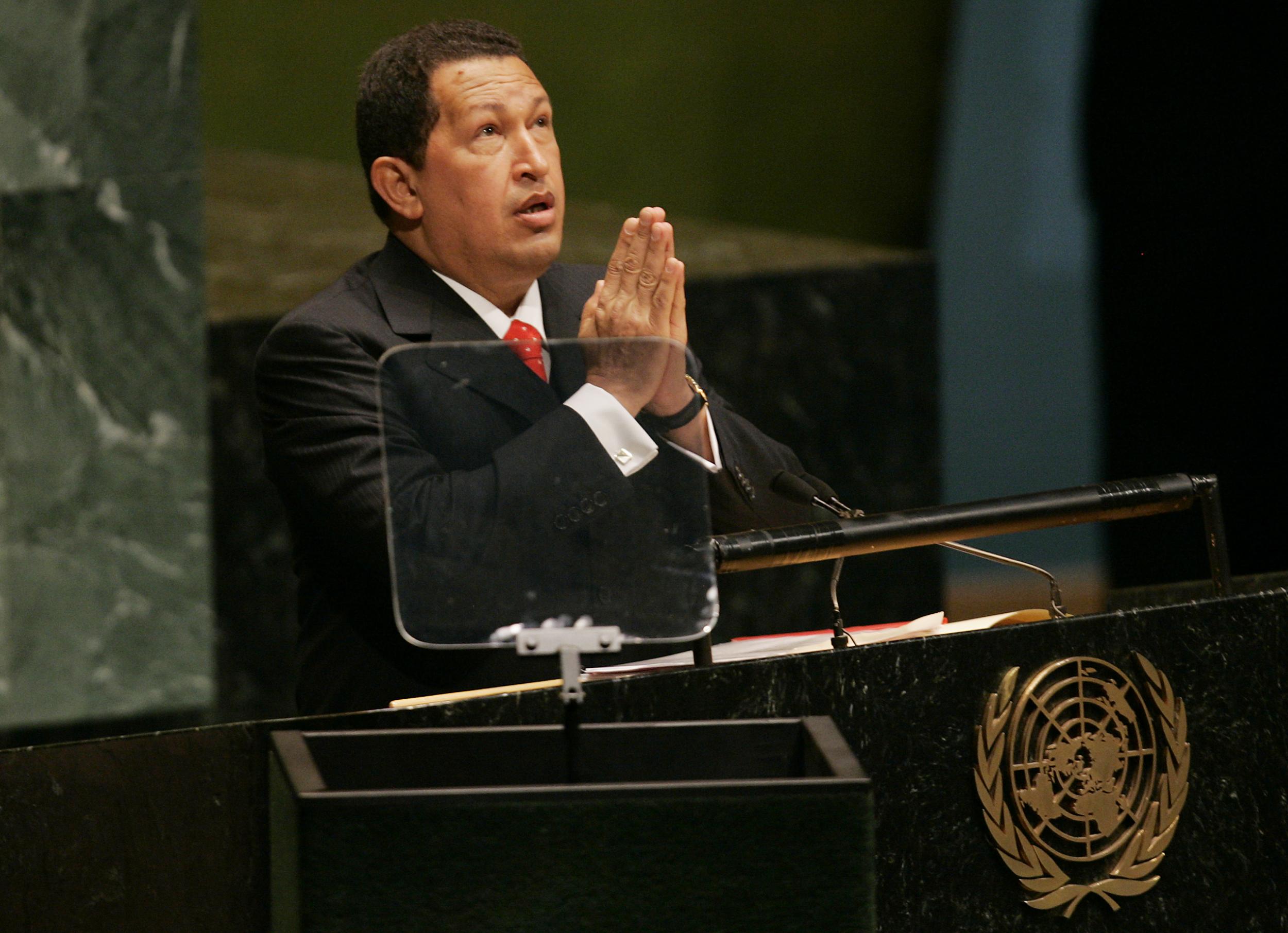 Venezuela president Hugo Chavez at the United Nations general assembly in 2006