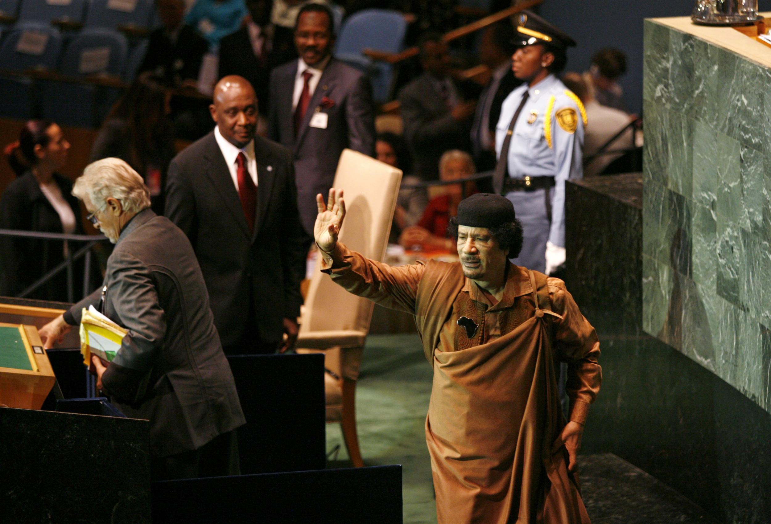 Libyan dictator Muammar Gaddafi at the United Nations general assembly in 2009 (Reuters)