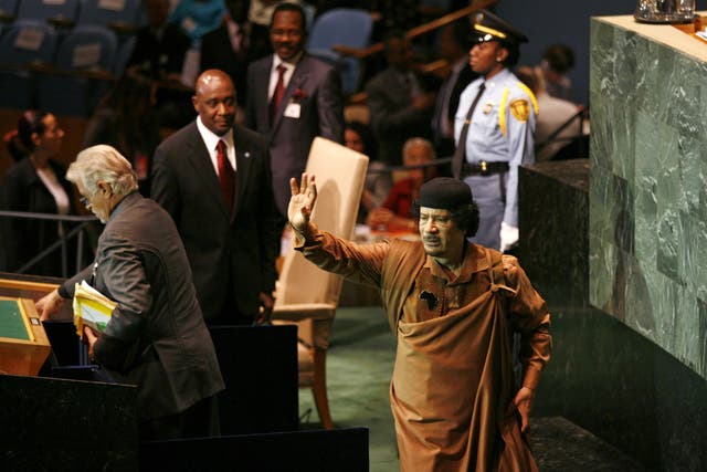 Libyan dictator Muammar Gaddafi at the United Nations general assembly in 2009