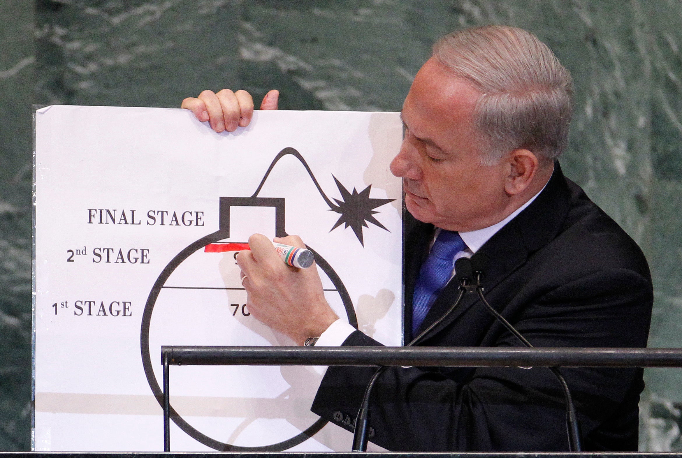 Benjamin Netanyahu's illustration of Tehran’s nuclear capability was derided in 2012 (Reuters)