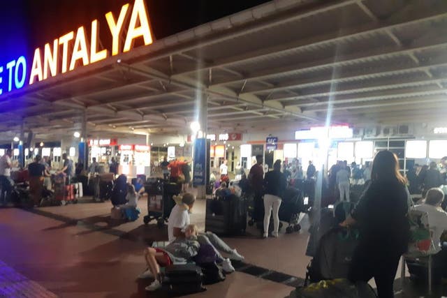 Ground stop: Thomas Cook passengers outside Antalya airport in Turkey in the early hours of Saturday morning, after their plane to Glasgow had a technical problem