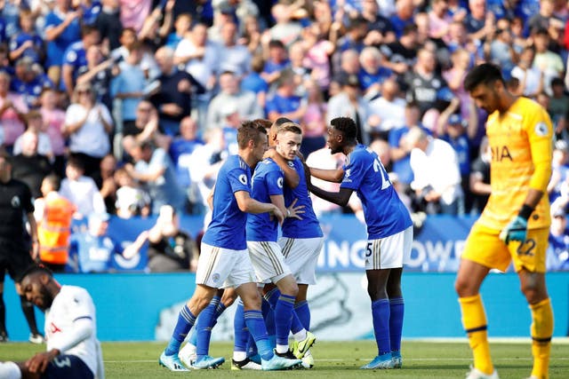 The Leicester players celebrate Ricardo Pereira's equaliser