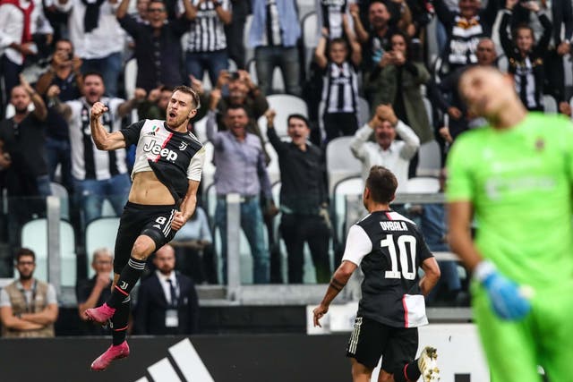 Aaron Ramsey celebrates scoring his first goal for Juventus