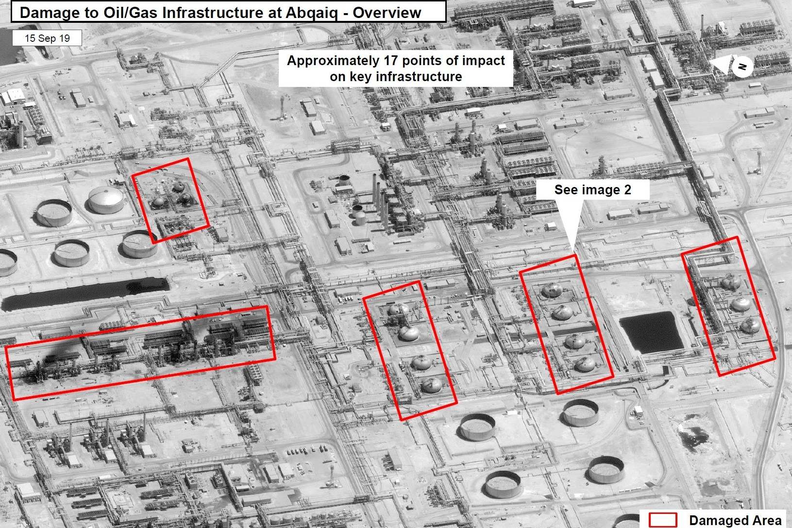 A satellite image showing damage to oil/gas Saudi Aramco infrastructure at Abqaiq, in Saudi Arabia in this handout picture released by the US Government