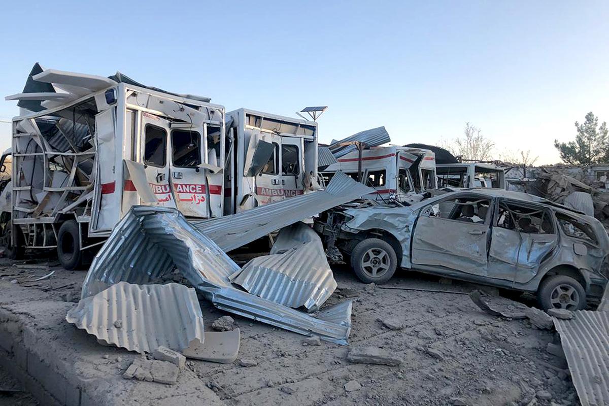 Damaged cars and ambulances at the site of a suicide attack in Zabul earlier this month