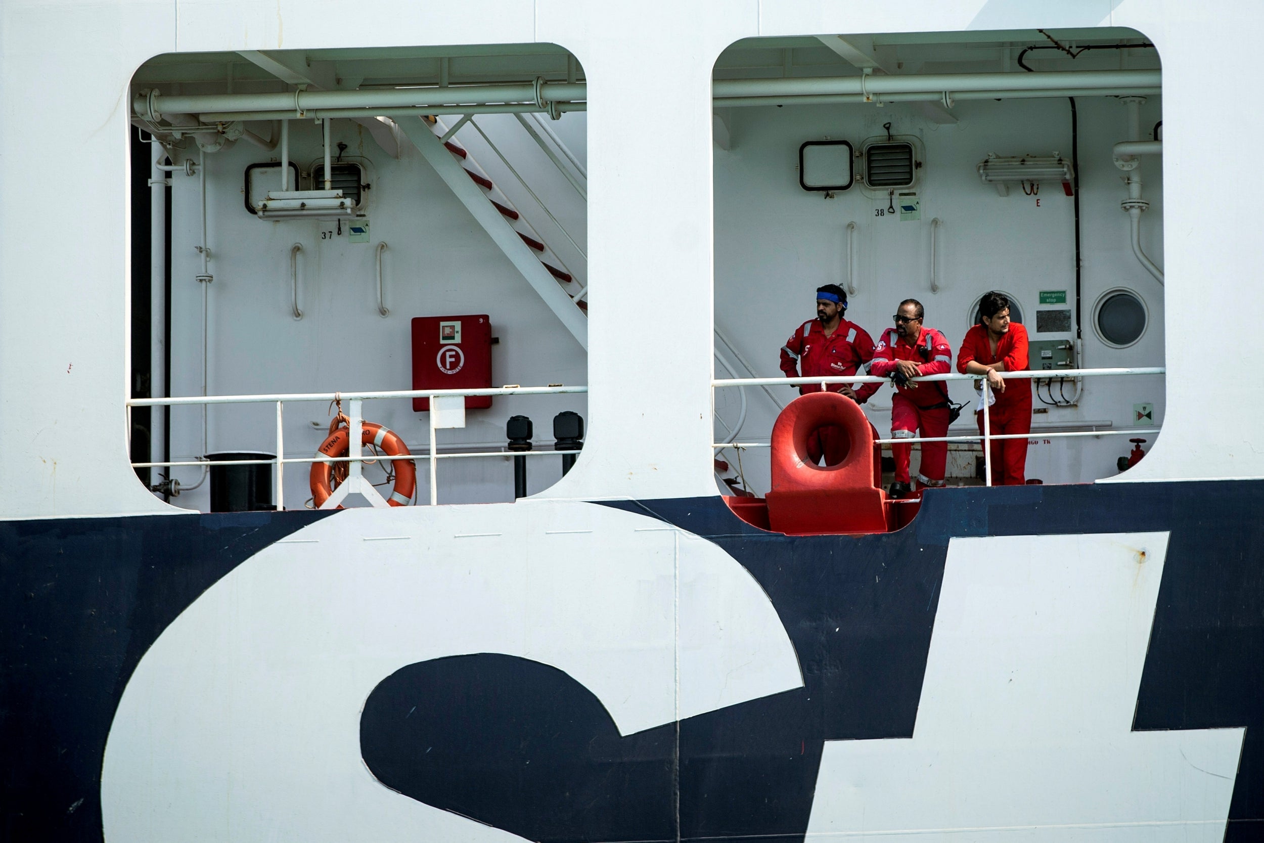 Crew members of Stena Impero are seen at an undisclosed location off the coast of Bandar Abbas in late August