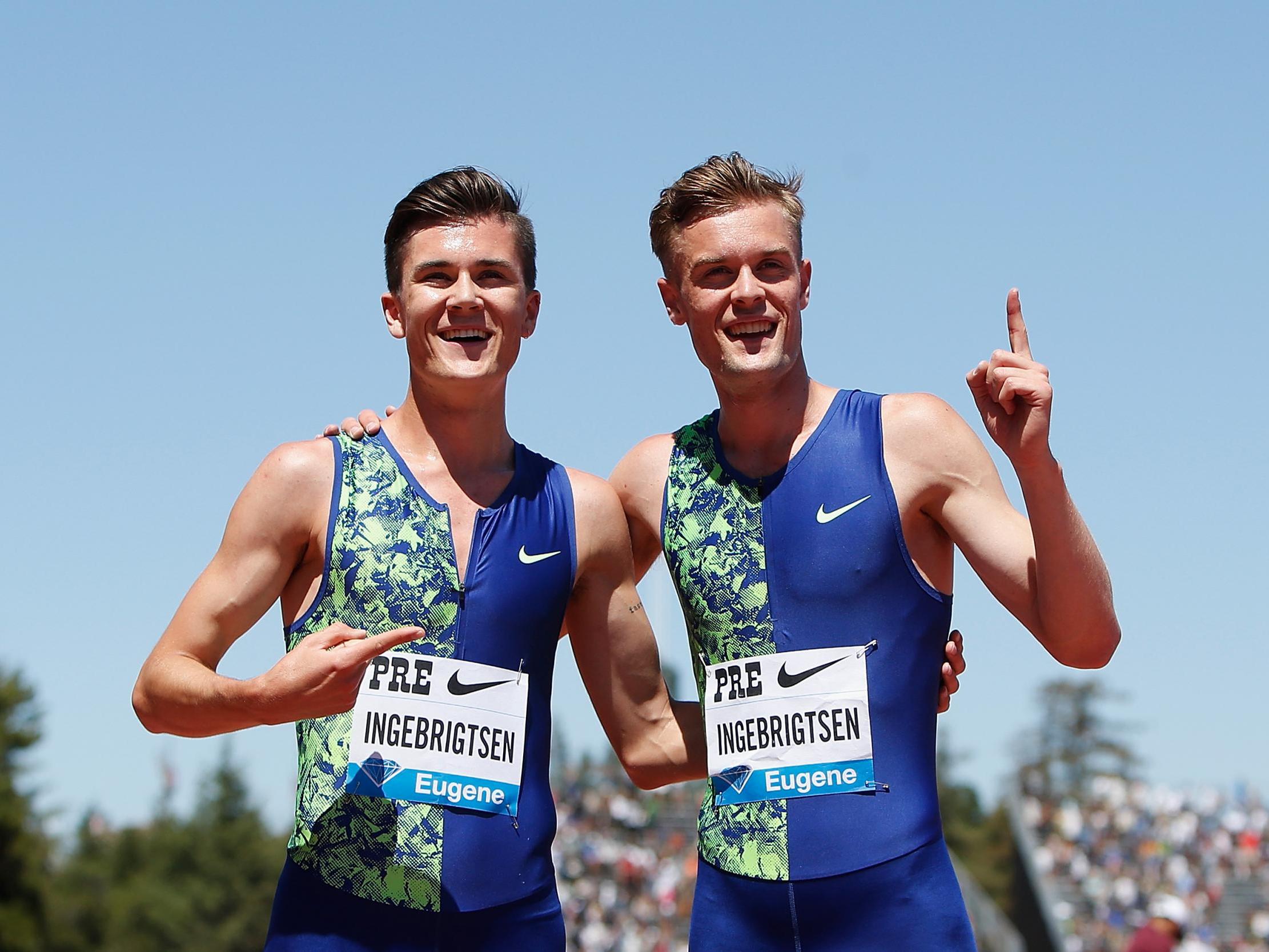 Jakob, left, and Filip Ingebrigtsen after running the mile in Stanford, California