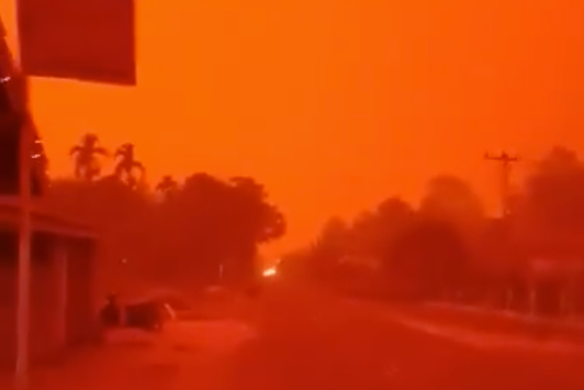 Red skies over Indonesia due to fires destroying rainforest