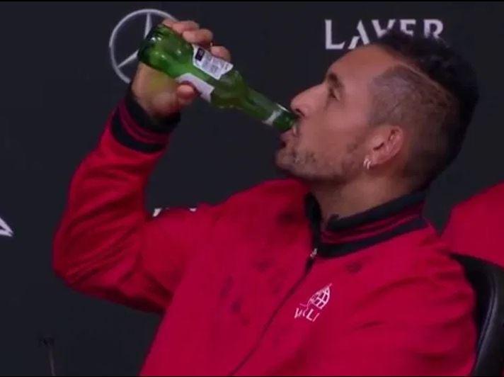 Nick Kyrgios drinks beer and ignores questions during odd Laver Cup press conference
